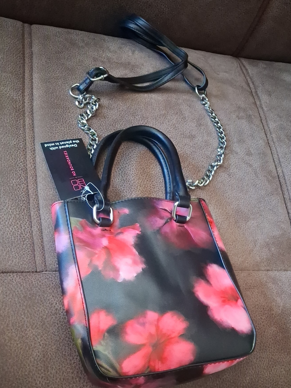 No Boundaries Floral Print Black & Pink Mini Tote Crossbody Bag